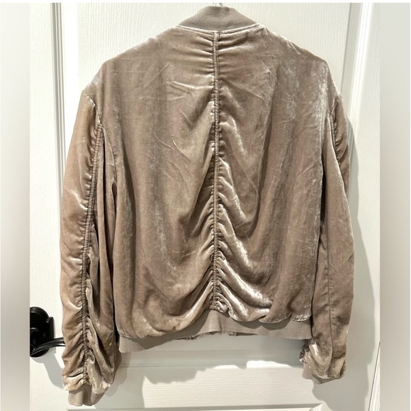 Free People Ruched Velvet Neutral Bomber Jacket. - Picture 12 of 14
